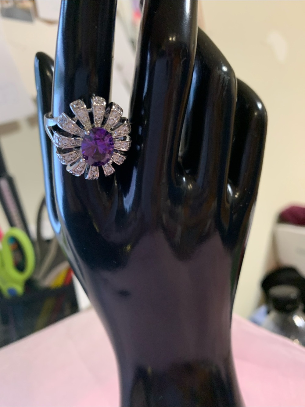 Amethyst-Style Floral Cocktail Ring in Silver Tone